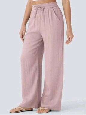 Halara Women's Linen Feel Pants Rose Pink Pocket High Waisted Drawstring M